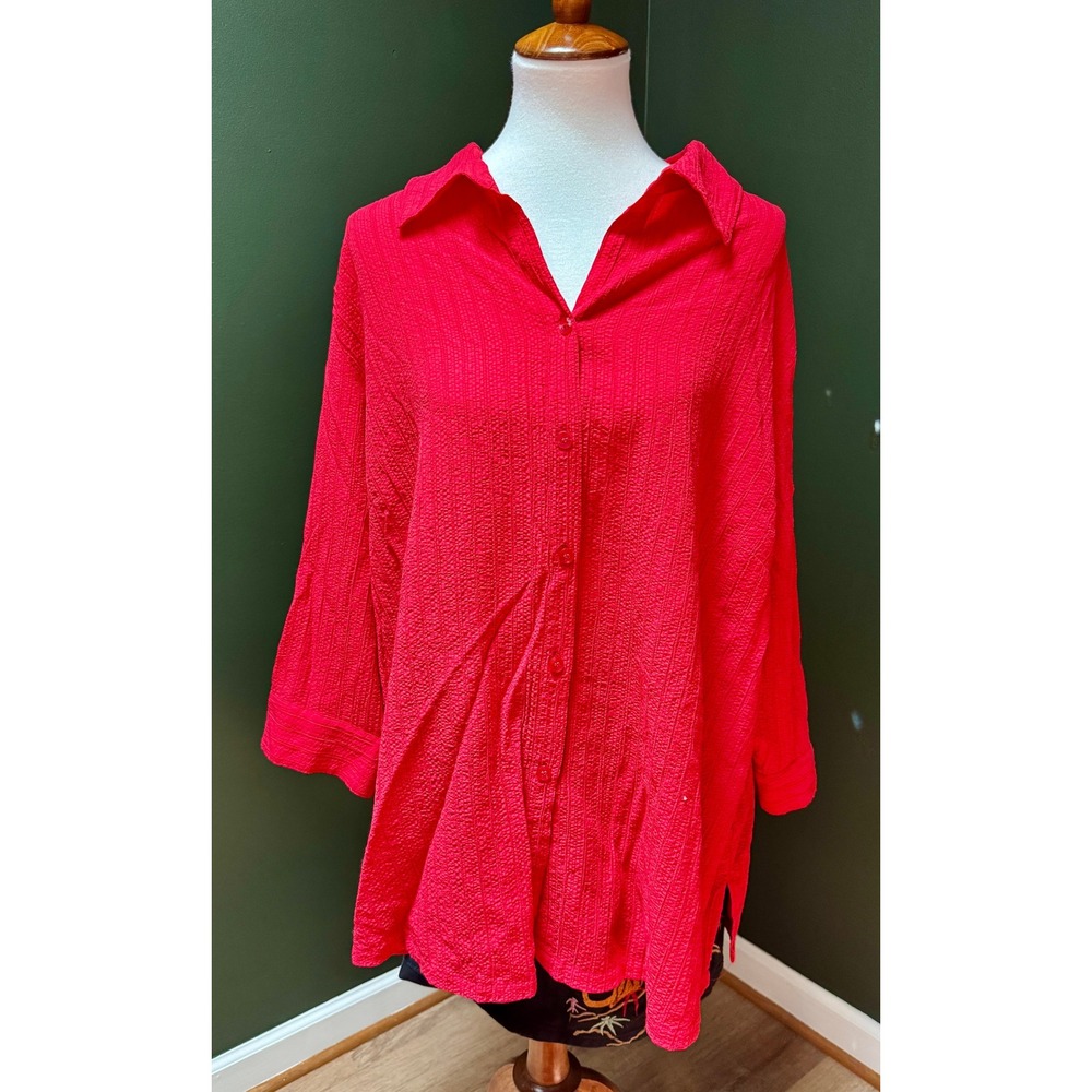 Vintage White Stag‎ Red Button Down Textured 3/4 Sleeve Tunic Top Size 22W